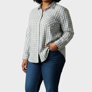 Hawthorne Womens 3XL Cotton Poly Gray White Check Button Front Shirt